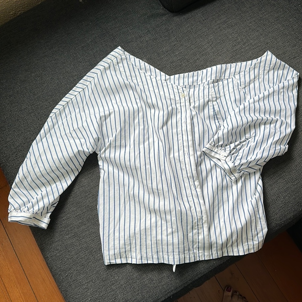 Frame Asymmetrical White Striped Off Shoulder Tie Back Button Up Shirt, Size S